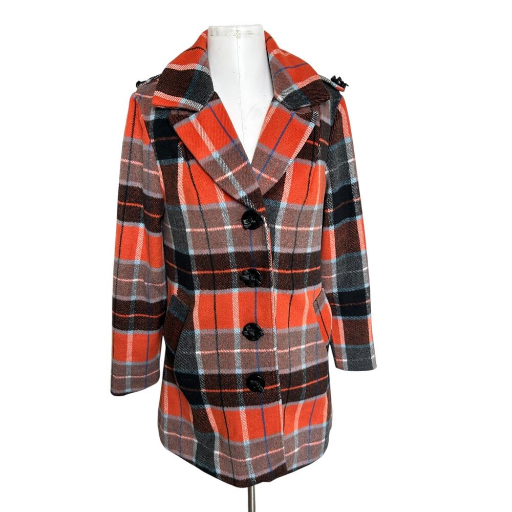 Anthropologie Nick & Mo Wool Orange Plaid Coat Jacket Retro Insp 70s Twee Cute M